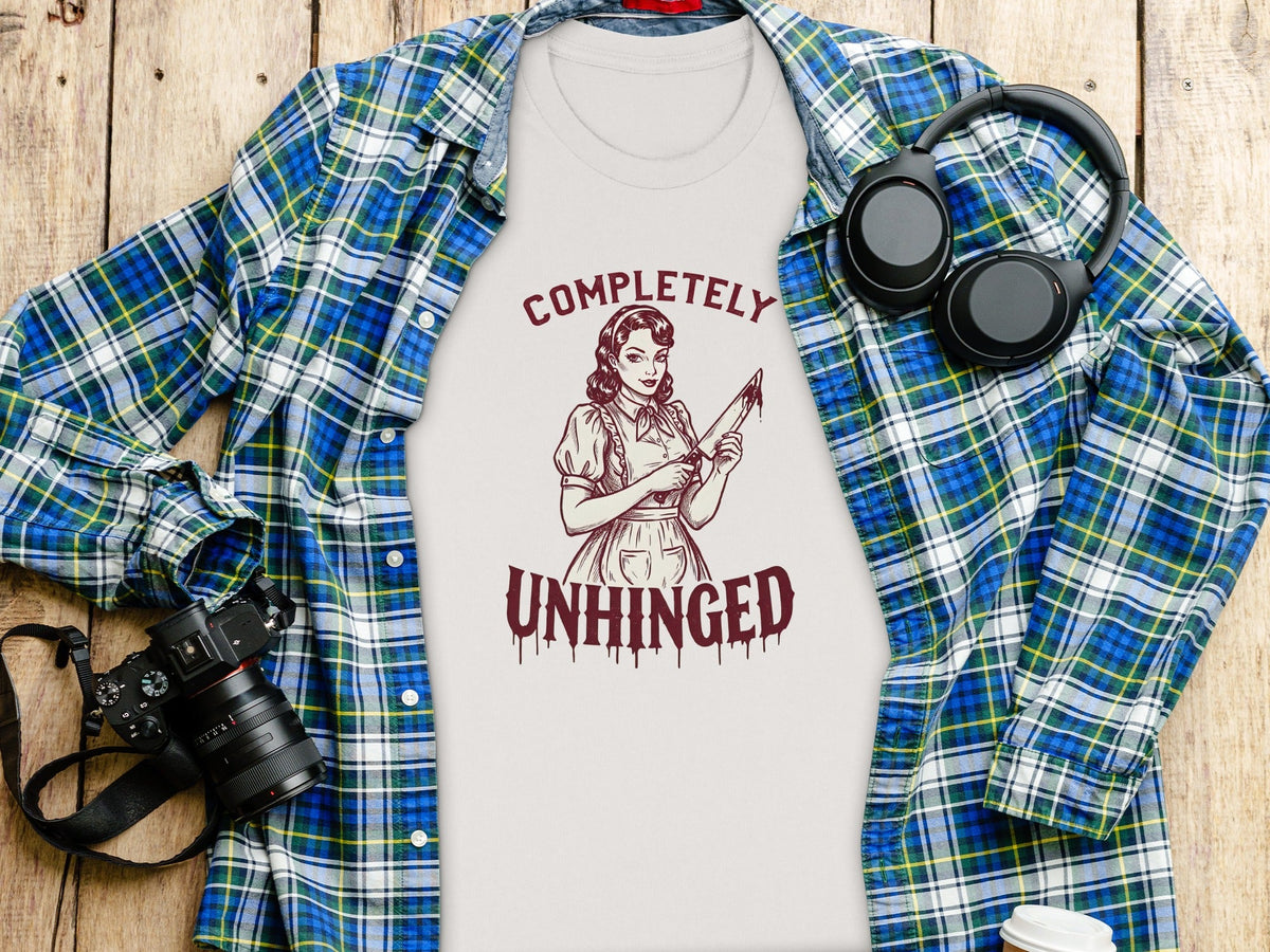 Completely Unhinged Crazy Lady with Knife Funny T-Shirt
