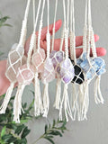 Macrame wrapped crystal rear view mirror charm.
