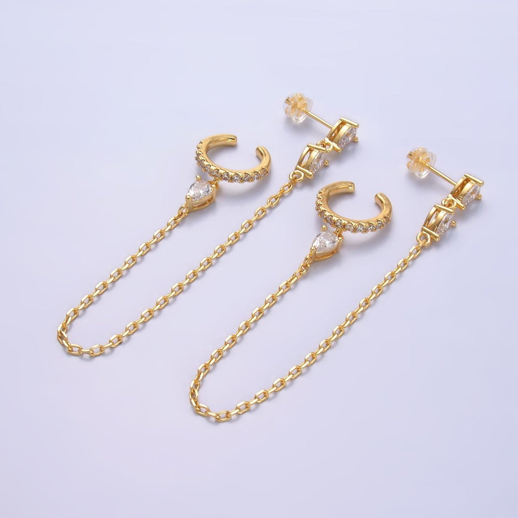 24K Gold Filled Clear Teardrop CZ Micro Paved Drop Stud Ear Cuff Earrings