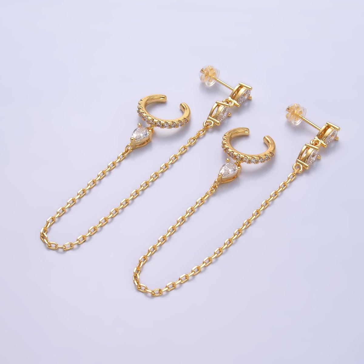 24K Gold Filled Clear Teardrop CZ Micro Paved Drop Stud Ear Cuff Earrings