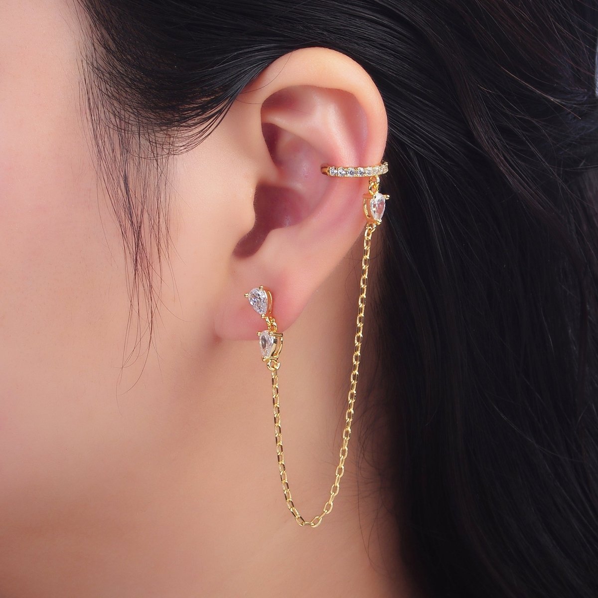 24K Gold Filled Clear Teardrop CZ Micro Paved Drop Stud Ear Cuff Earrings