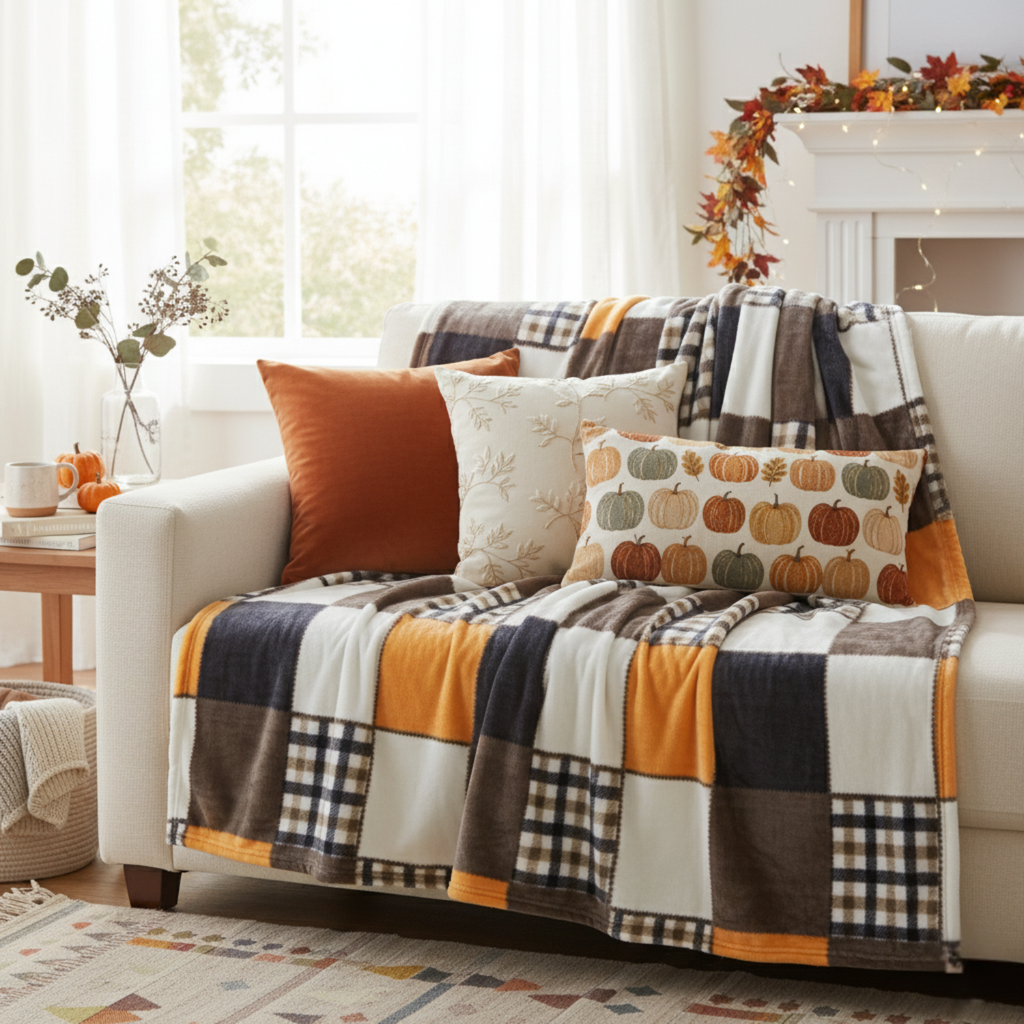 Tache Fall Orange Farmhouse Super Soft Micro Fleece Plaid Patchwork Plush Lightweight
