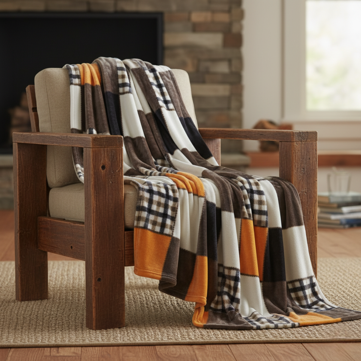 Tache Fall Orange Farmhouse Super Soft Micro Fleece Plaid Patchwork Plush Lightweight