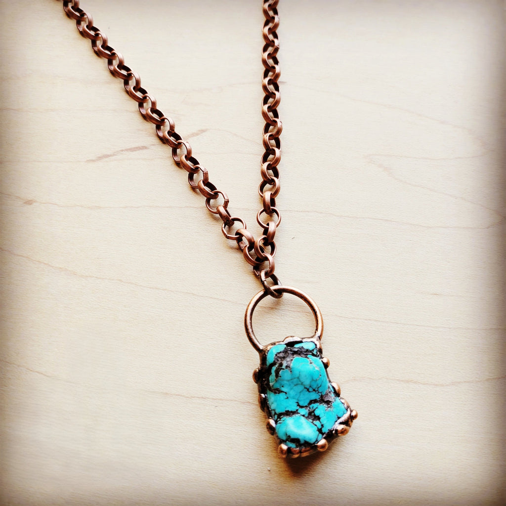 Long Copper Necklace with Turquoise and Copper Pendant