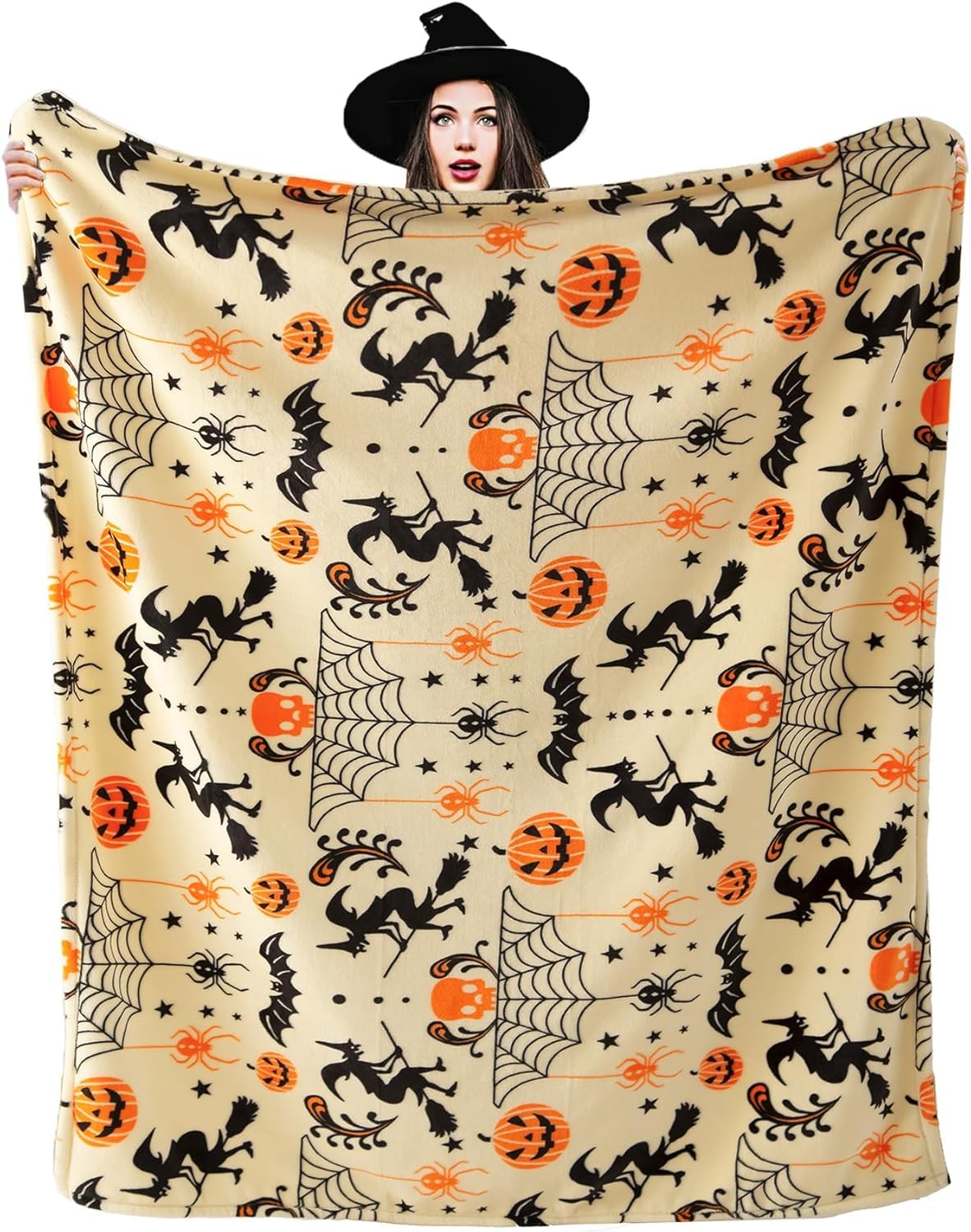 Halloween Throw Blanket Witch Hat Spider Webs Cozy Flannel Multicolor