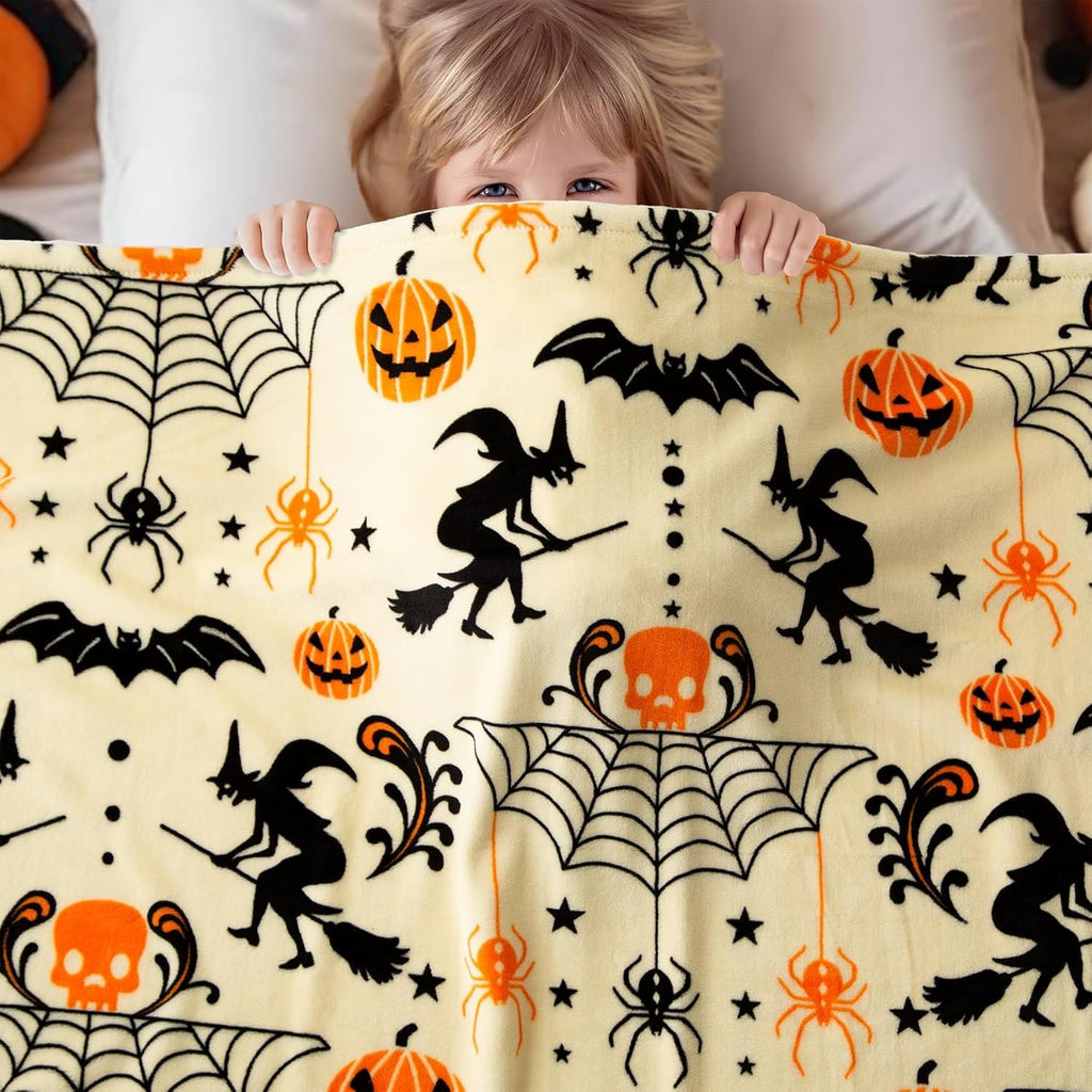 Halloween Throw Blanket Witch Hat Spider Webs Cozy Flannel Multicolor