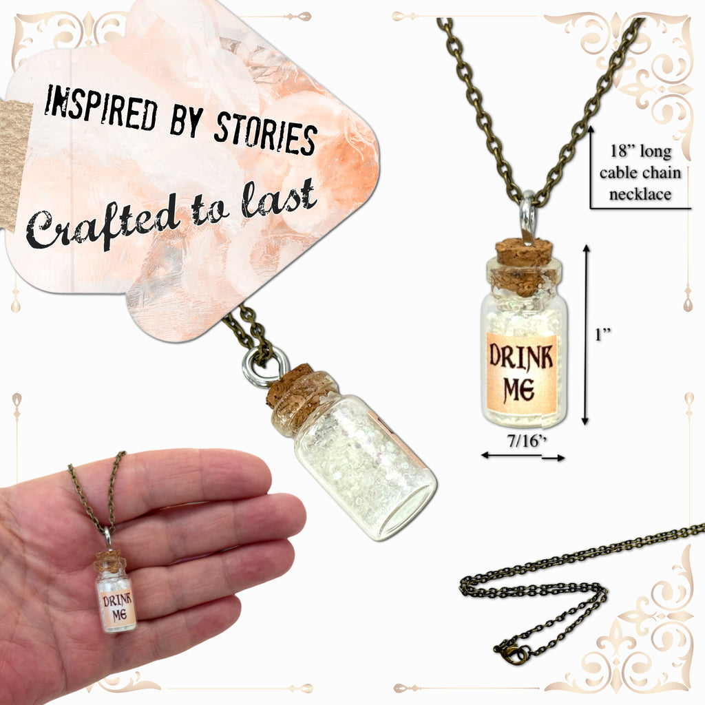Drink Me Bottle Necklace Glass Vial Fantasy Jewelry Aqua Blue Rusty Glow in the Dark