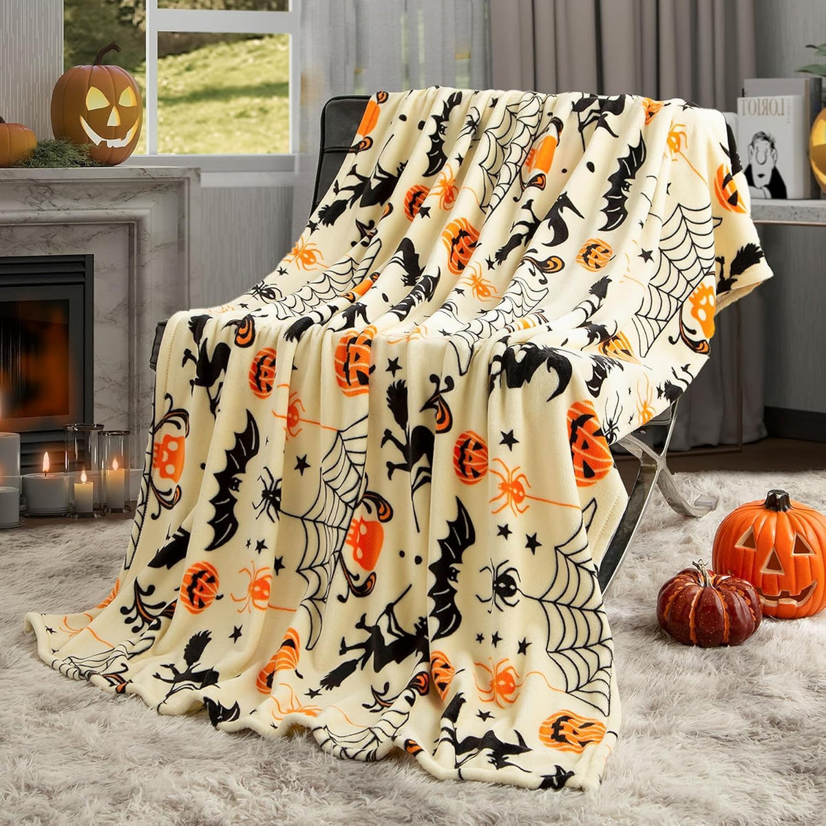 Halloween Throw Blanket Witch Hat Spider Webs Cozy Flannel Multicolor