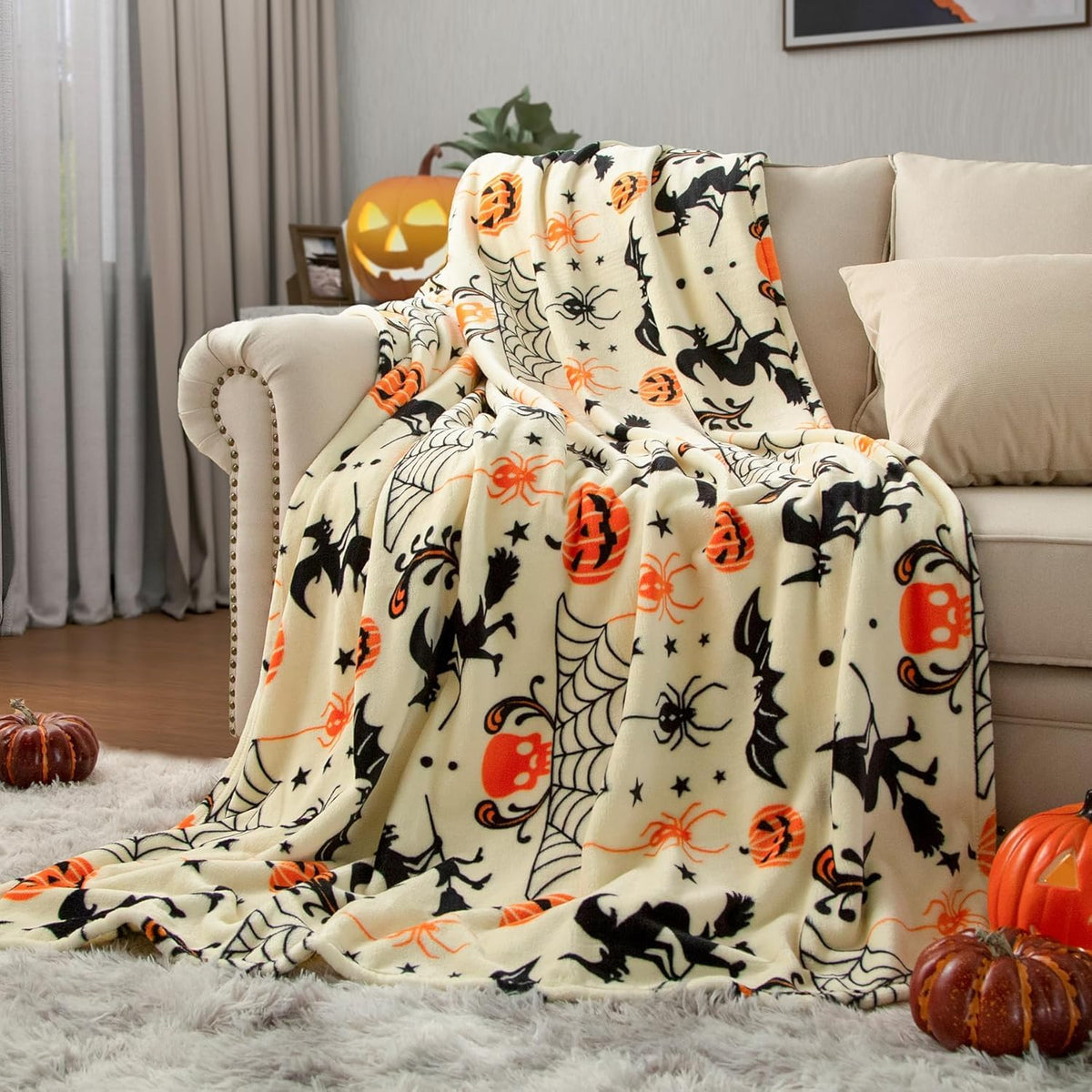 Halloween Throw Blanket Witch Hat Spider Webs Cozy Flannel Multicolor