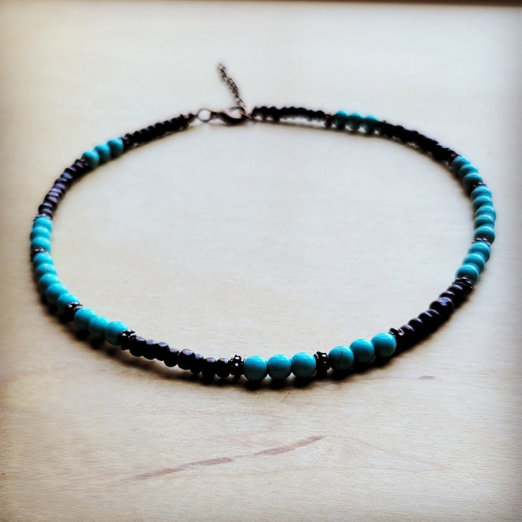 Blue Turquoise, Wood and Copper Beads Collar Necklace 230g