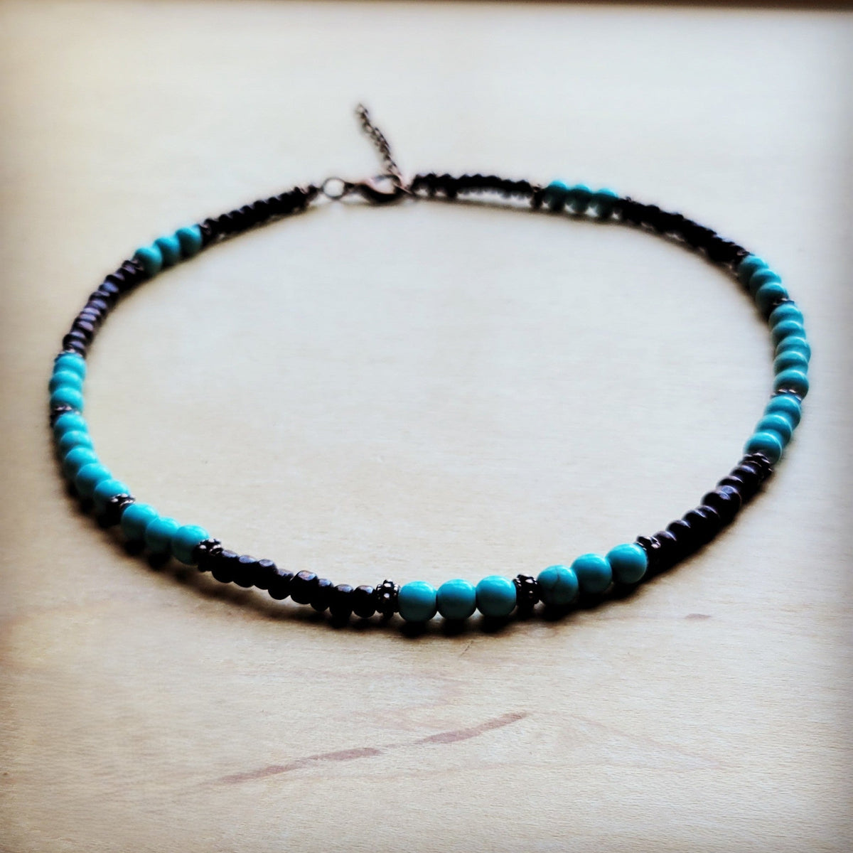 Blue Turquoise, Wood and Copper Beads Collar Necklace 230g