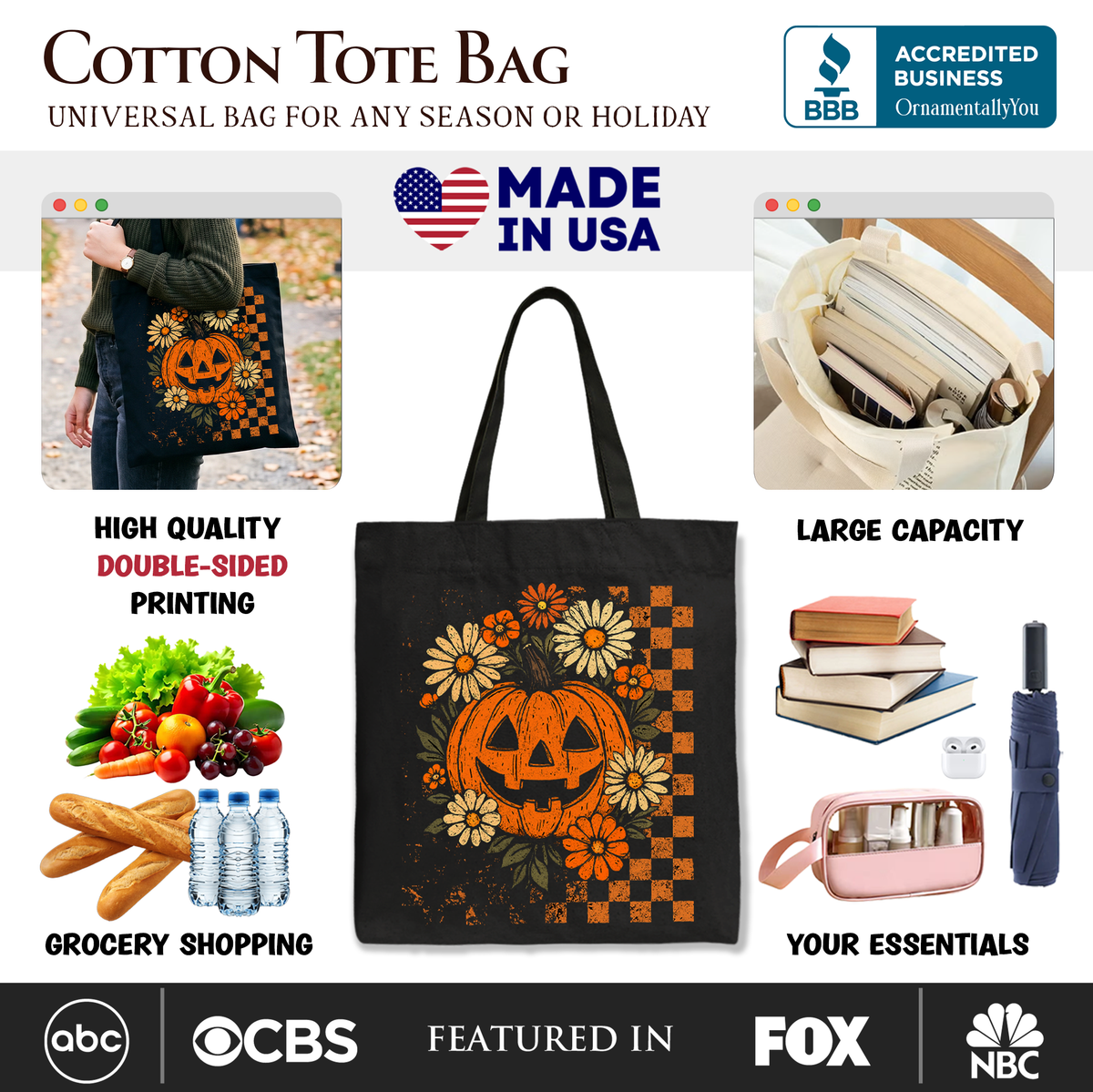 Checkered Floral Pumpkin Tote Bag