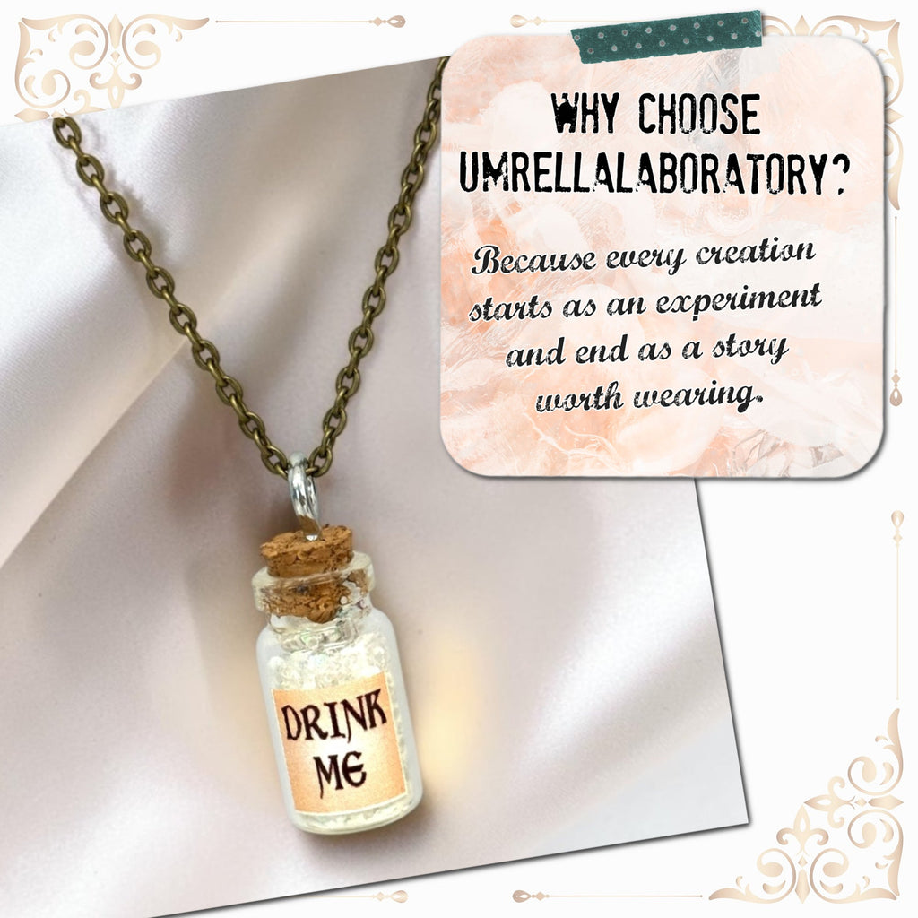 Drink Me Bottle Necklace Glass Vial Fantasy Jewelry Aqua Blue Rusty Glow in the Dark