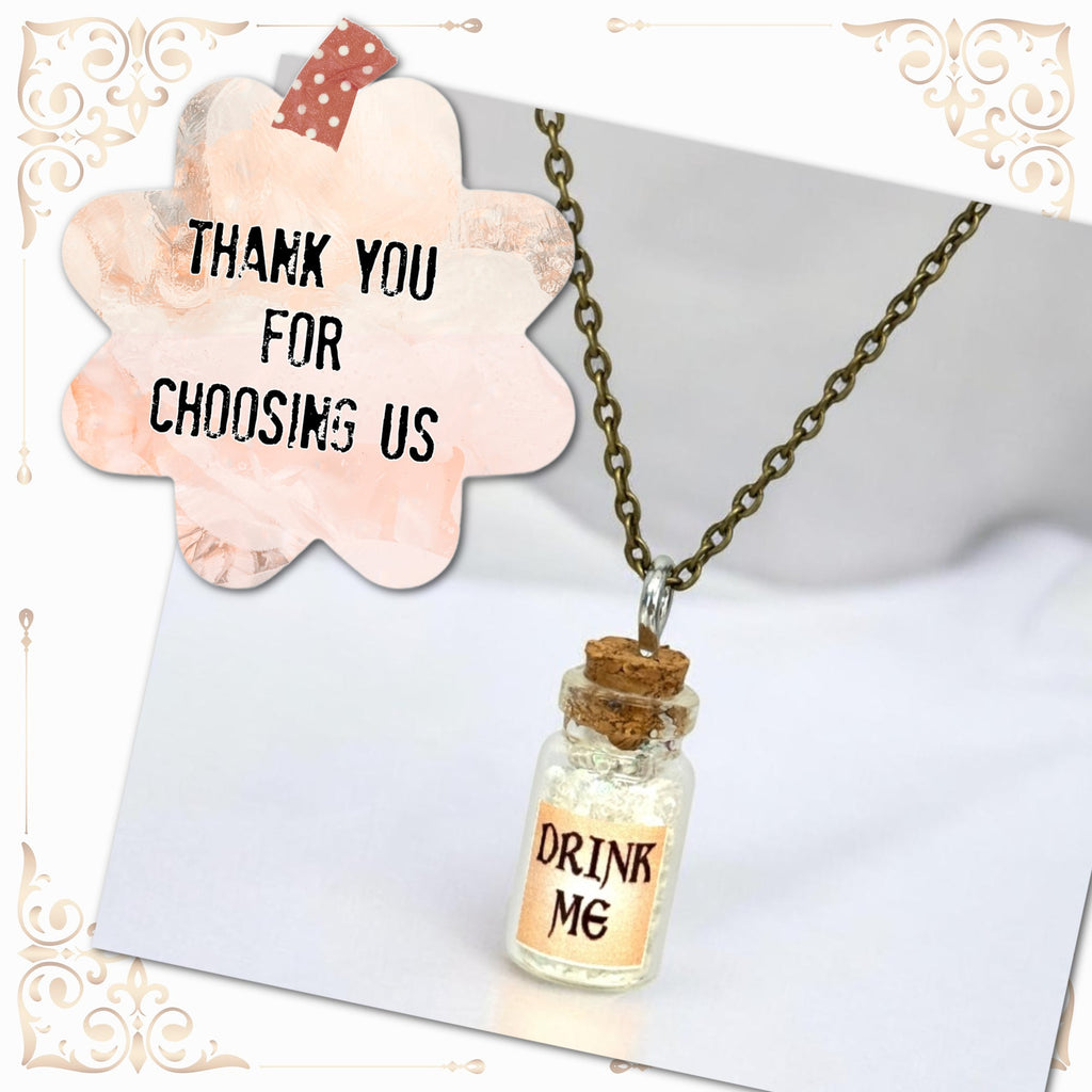 Drink Me Bottle Necklace Glass Vial Fantasy Jewelry Aqua Blue Rusty Glow in the Dark