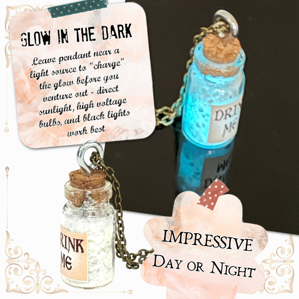 Drink Me Bottle Necklace Glass Vial Fantasy Jewelry Aqua Blue Rusty Glow in the Dark
