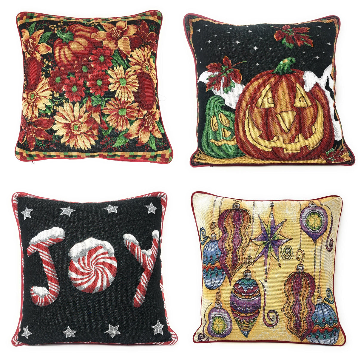 Autumn Harvest Halloween & Christmas Holiday Tapestry Syle Set of 4 16x16