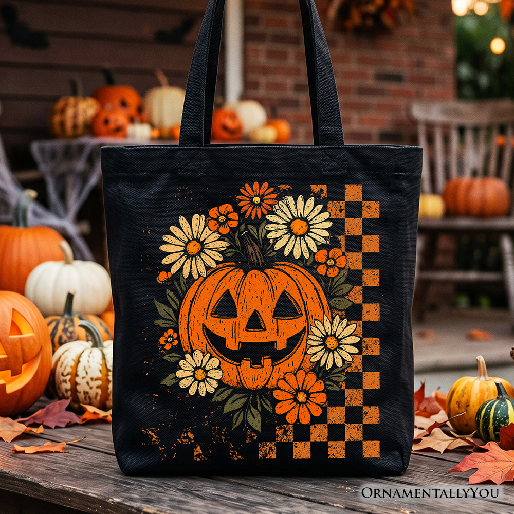 Checkered Floral Pumpkin Tote Bag