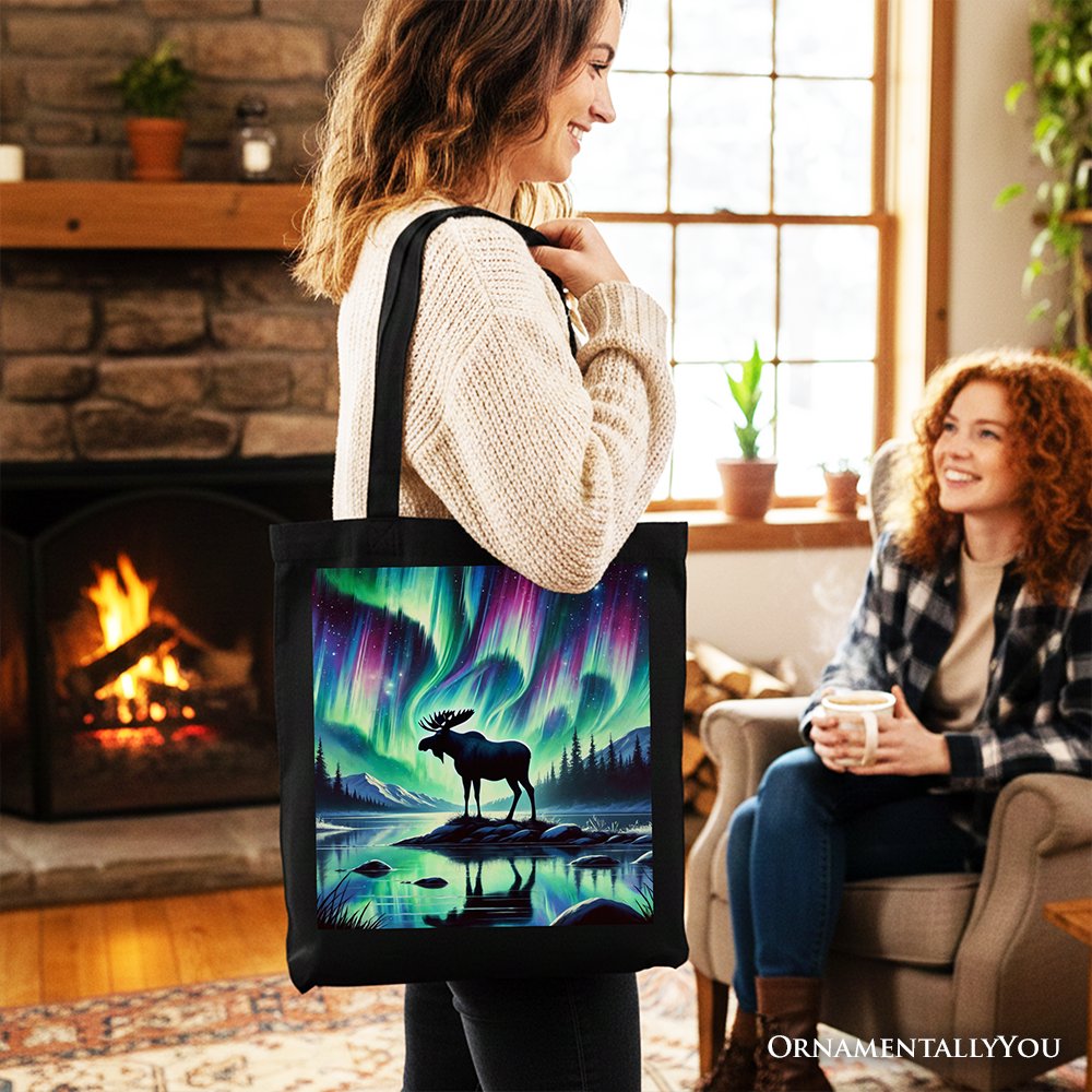 Majestic Moose Under Northern Lights Canvas Tote Bag