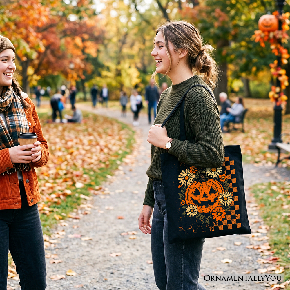 Checkered Floral Pumpkin Tote Bag