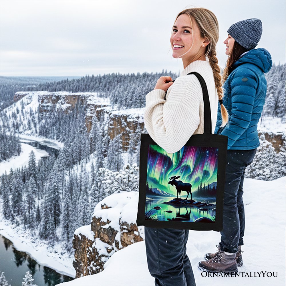 Majestic Moose Under Northern Lights Canvas Tote Bag