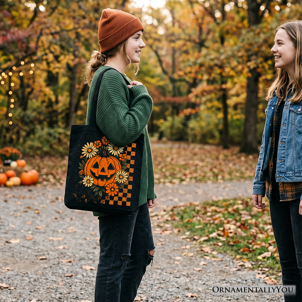 Checkered Floral Pumpkin Tote Bag