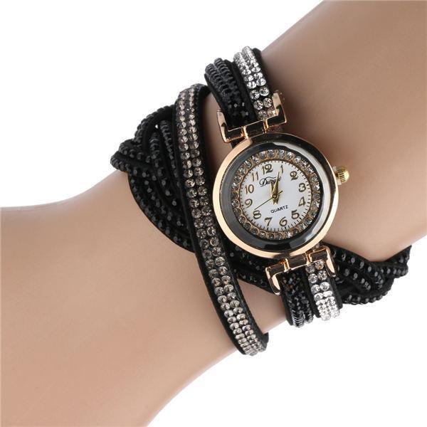 Fashion Casual Gold Quartz Women Rhinestone Watch Braided Leather Bracelet