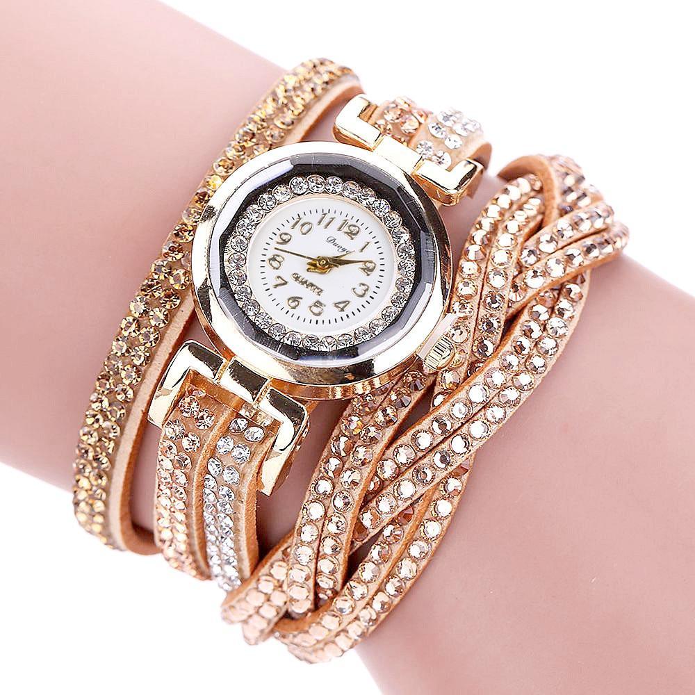 Fashion Casual Gold Quartz Women Rhinestone Watch Braided Leather Bracelet