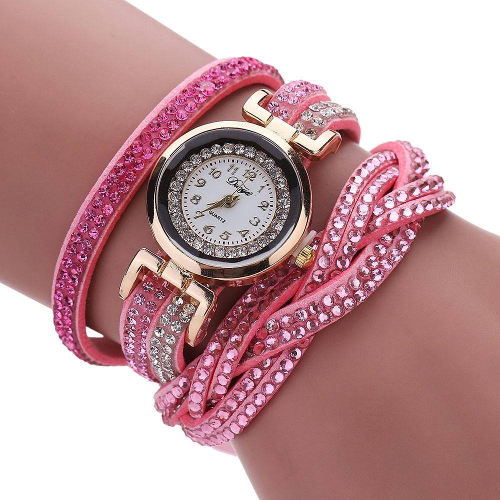 Fashion Casual Gold Quartz Women Rhinestone Watch Braided Leather Bracelet