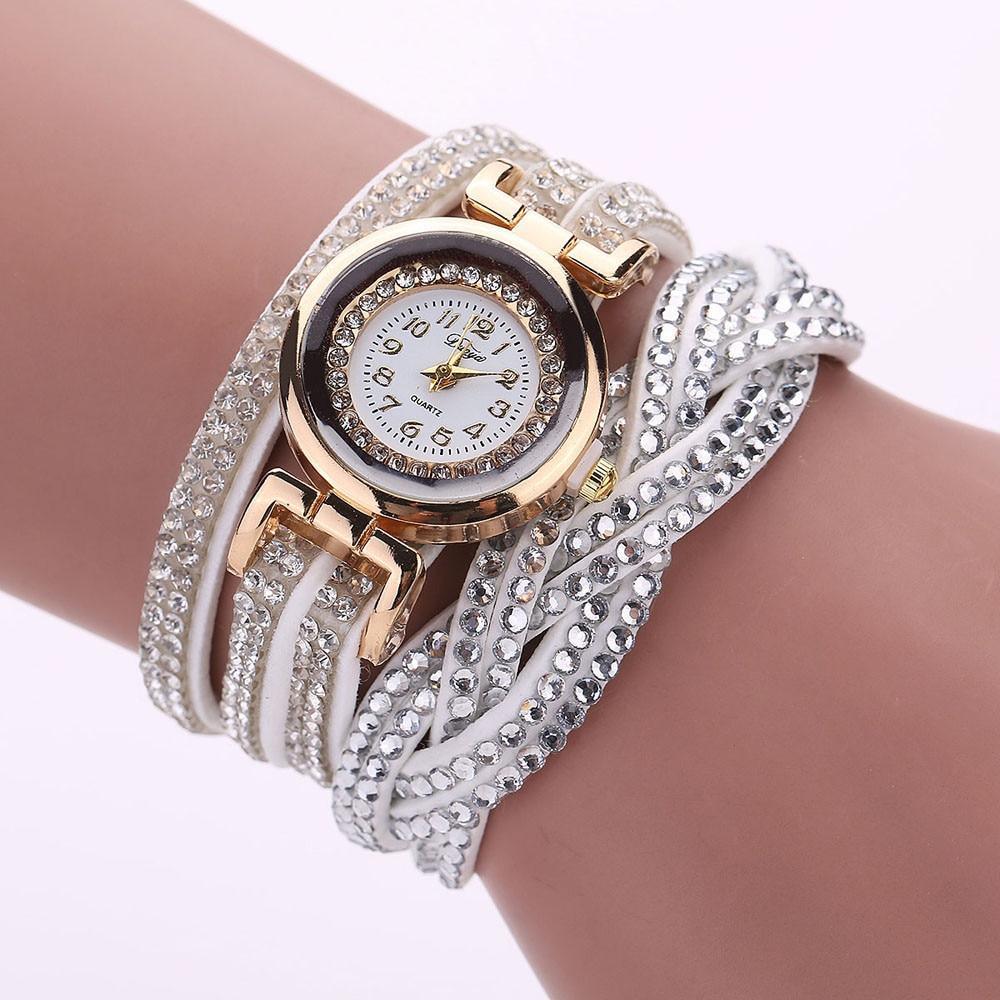 Fashion Casual Gold Quartz Women Rhinestone Watch Braided Leather Bracelet