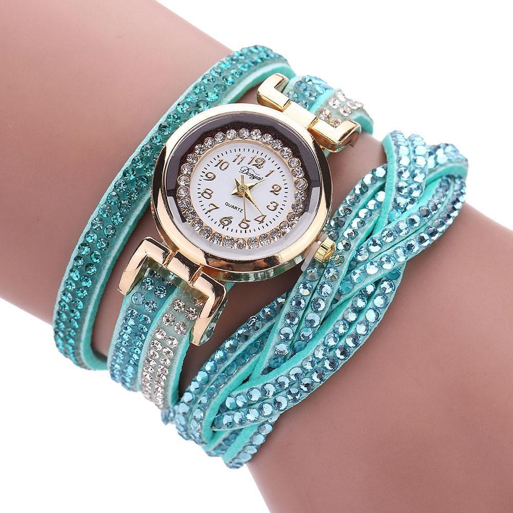 Fashion Casual Gold Quartz Women Rhinestone Watch Braided Leather Bracelet