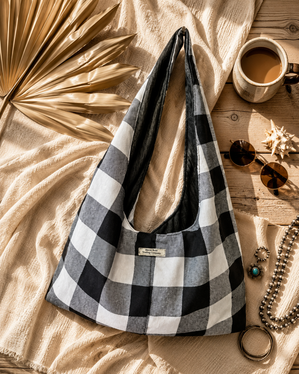 Black & White Buffalo Plaid Slouchy Hobo Bag – Handmade Oversized Boho Tote