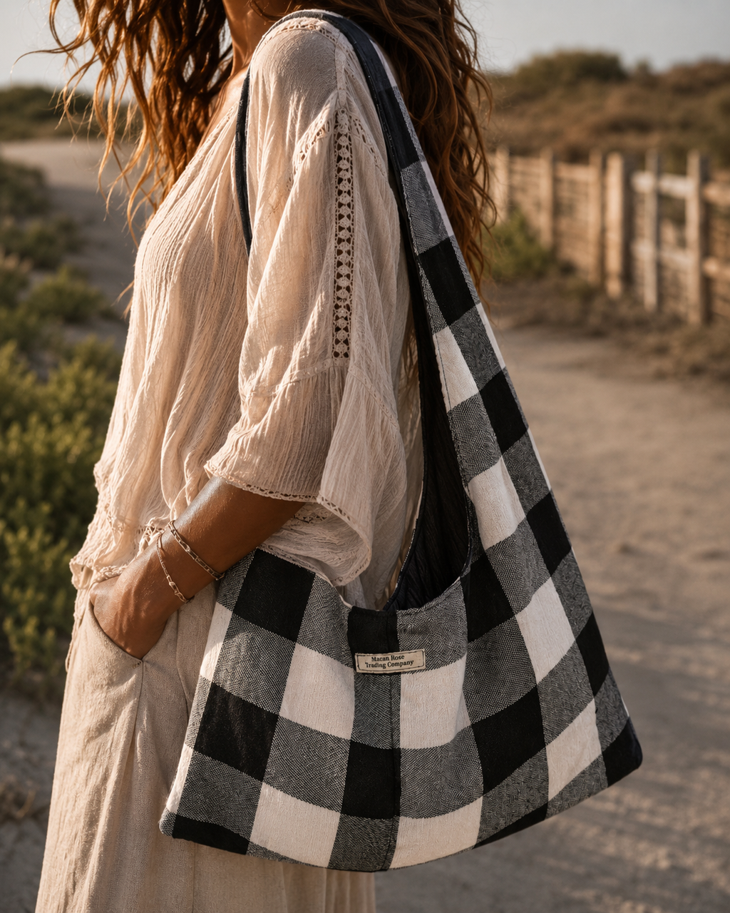 Black & White Buffalo Plaid Slouchy Hobo Bag – Handmade Oversized Boho Tote