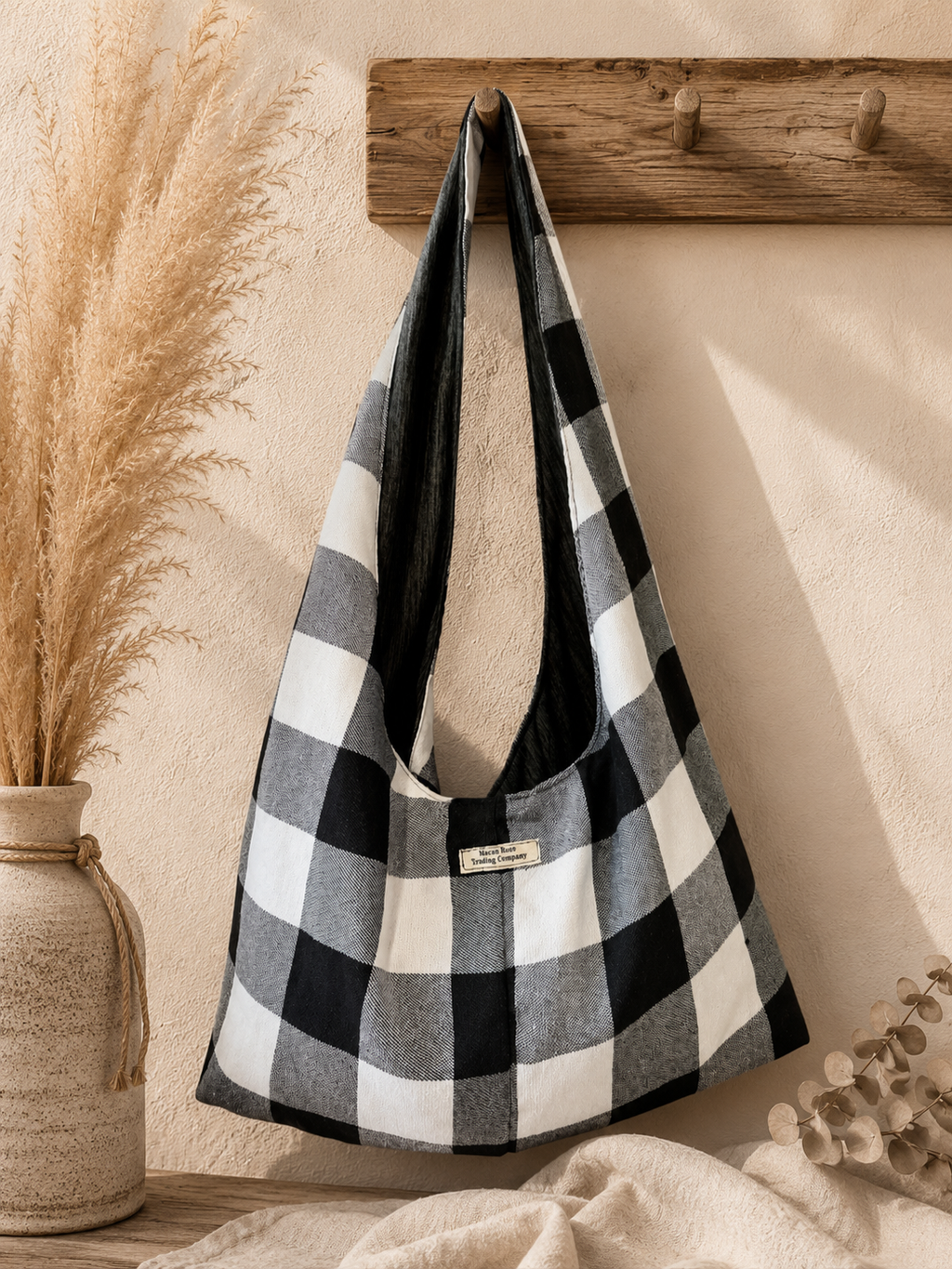 Black & White Buffalo Plaid Slouchy Hobo Bag – Handmade Oversized Boho Tote