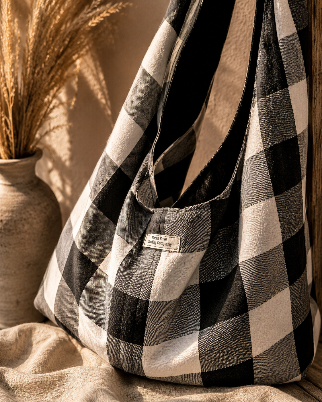 Black & White Buffalo Plaid Slouchy Hobo Bag – Handmade Oversized Boho Tote