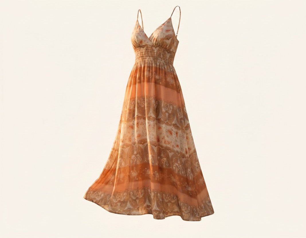 Paisley Casual Maxi Dress – Peach & Terracotta Boho - Size M