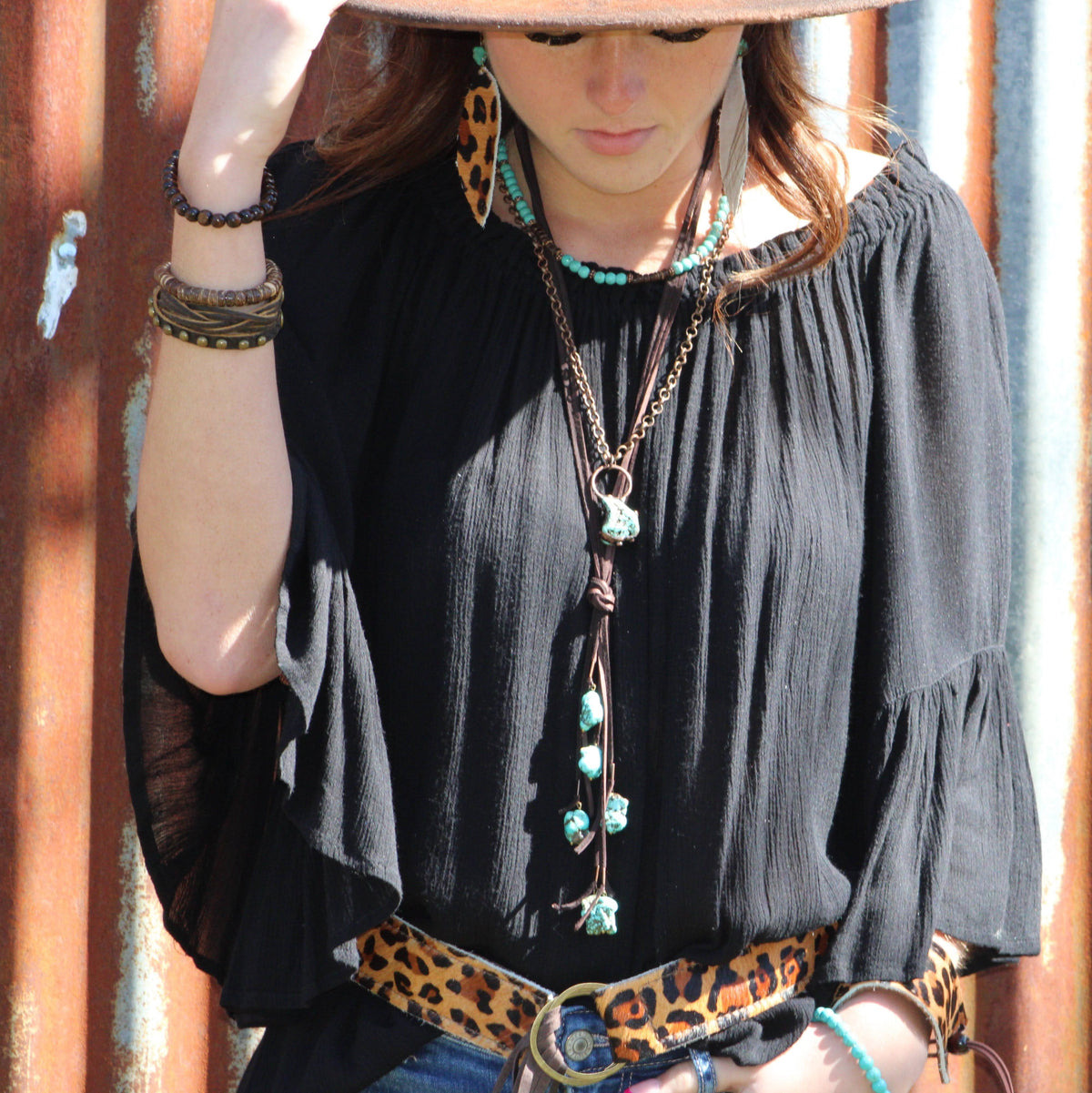 Blue Turquoise, Wood and Copper Beads Collar Necklace 230g