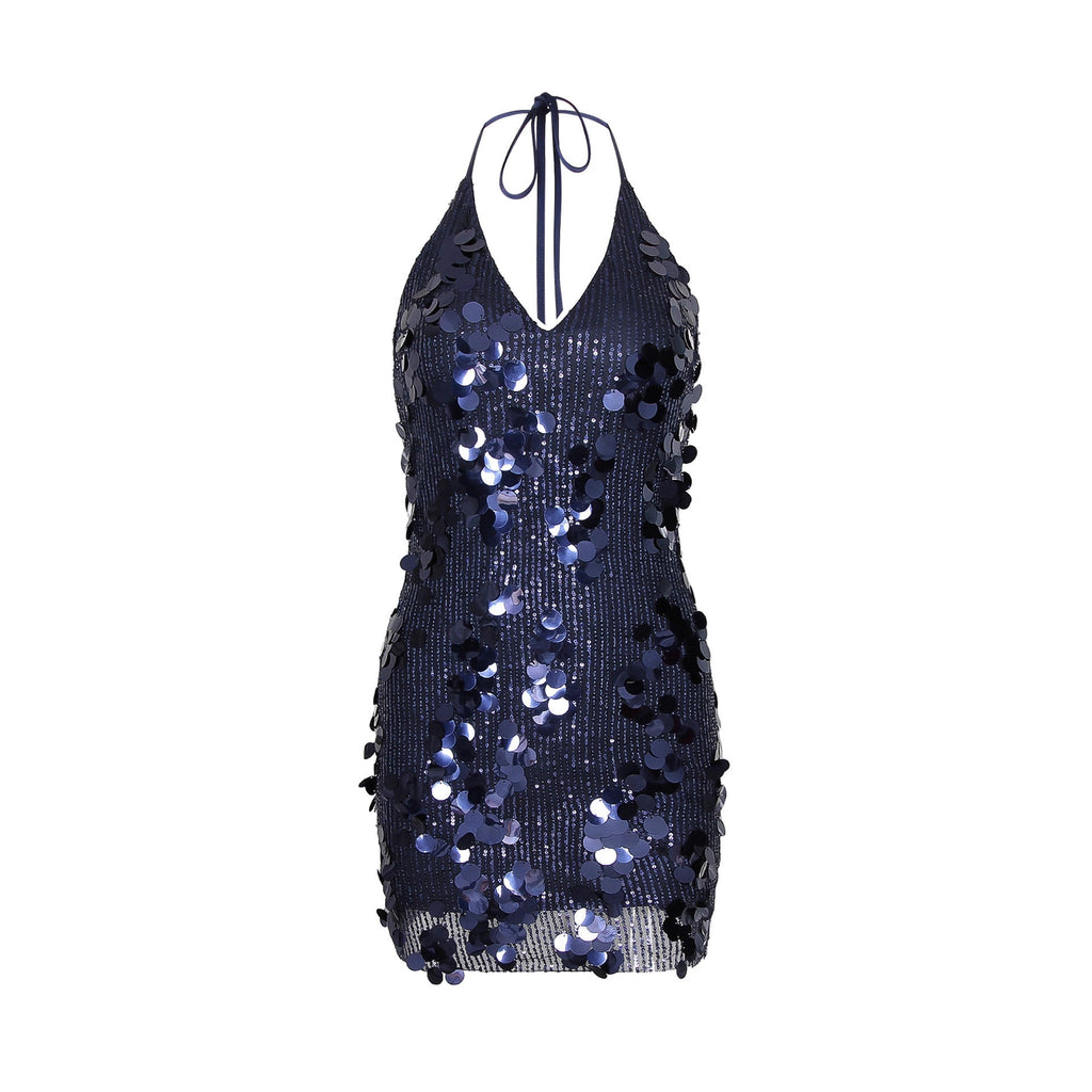 Sexy Women Wear Deep V Plunge Halter Sequ Dress