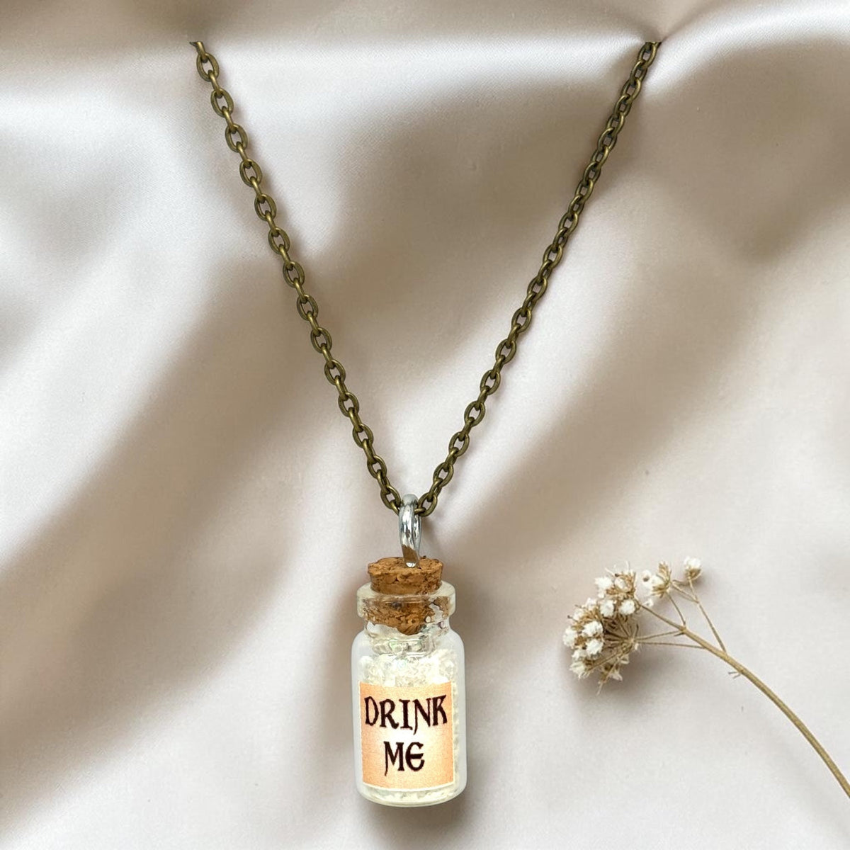 Drink Me Bottle Necklace Glass Vial Fantasy Jewelry Aqua Blue Rusty Glow in the Dark