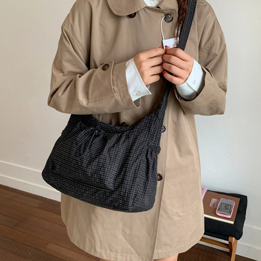 Women Checkered Sling Bag Nylon Pleated Cloud Shoulder Bag Large Capacity Stylish Handbag