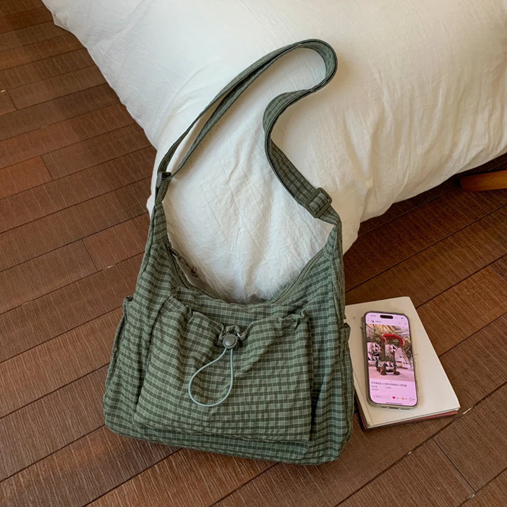 Women Checkered Sling Bag Nylon Pleated Cloud Shoulder Bag Large Capacity Stylish Handbag