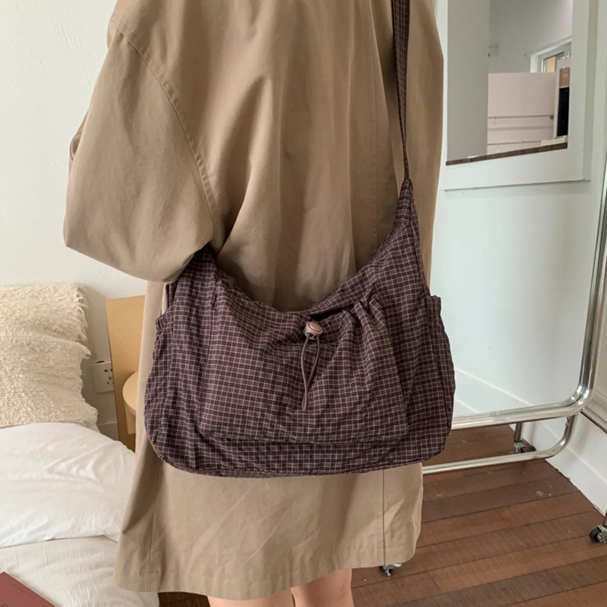 Women Checkered Sling Bag Nylon Pleated Cloud Shoulder Bag Large Capacity Stylish Handbag