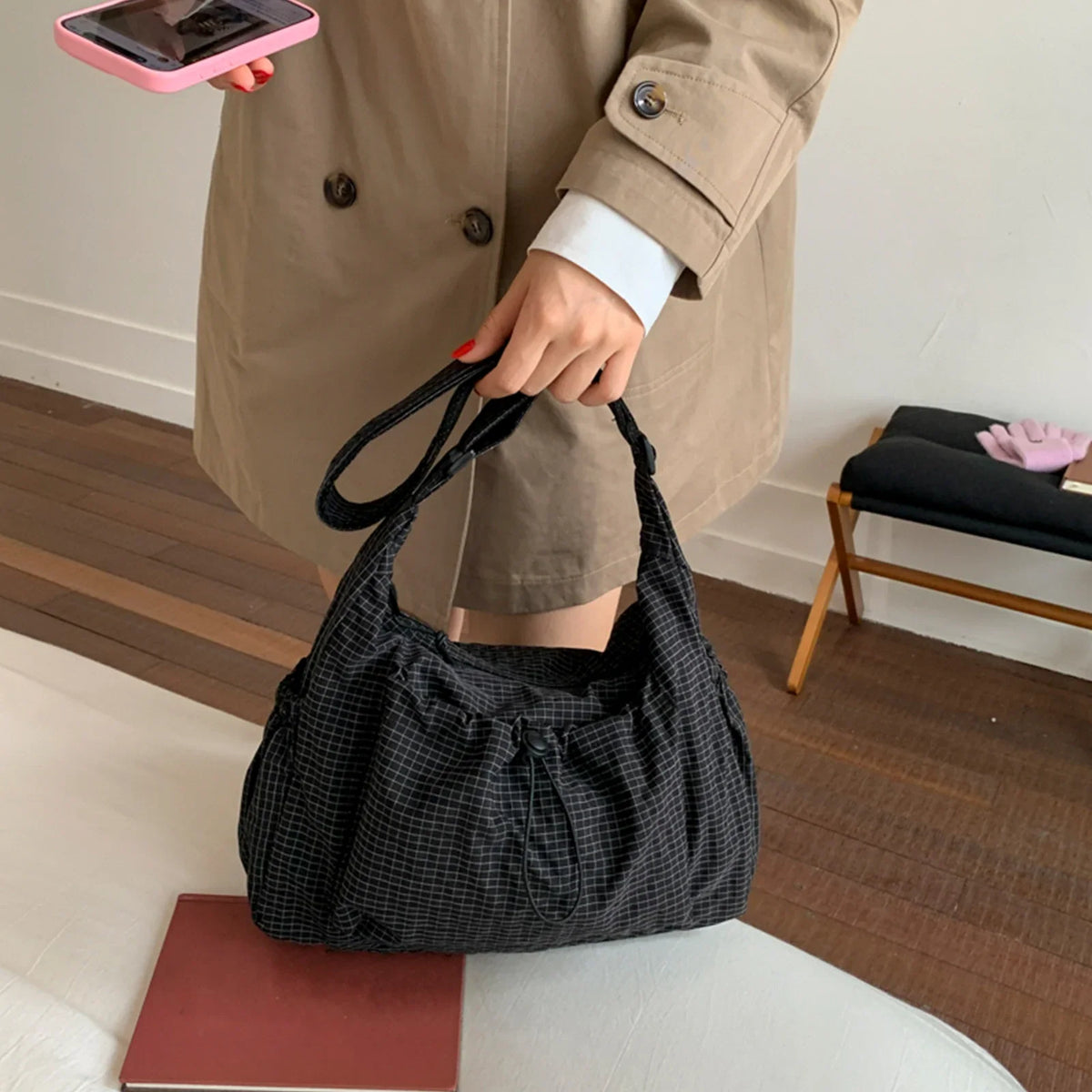 Women Checkered Sling Bag Nylon Pleated Cloud Shoulder Bag Large Capacity Stylish Handbag