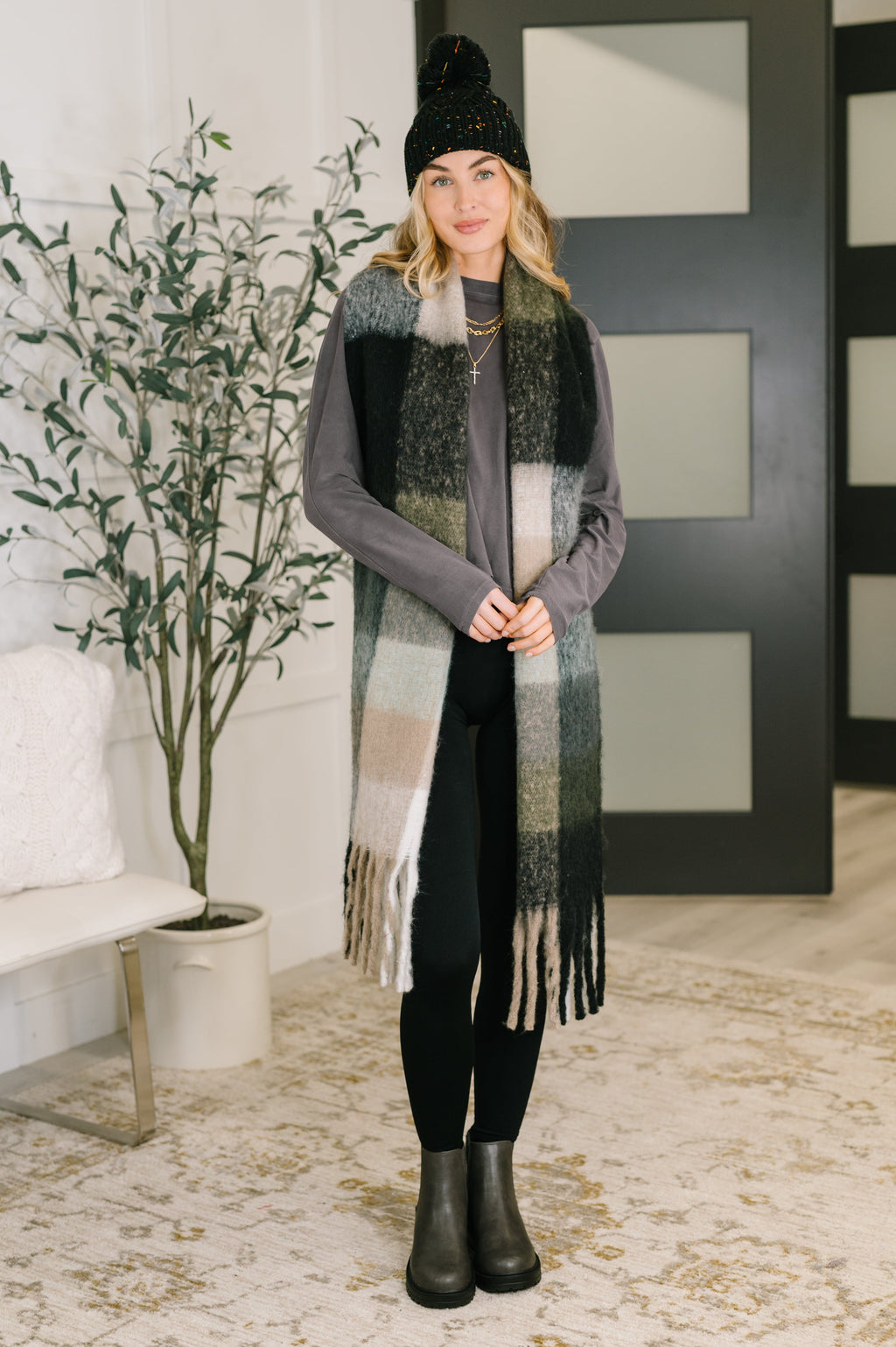 Wanderlust Wrap Oversized Plaid Fringe Scarf in Grey and Jade