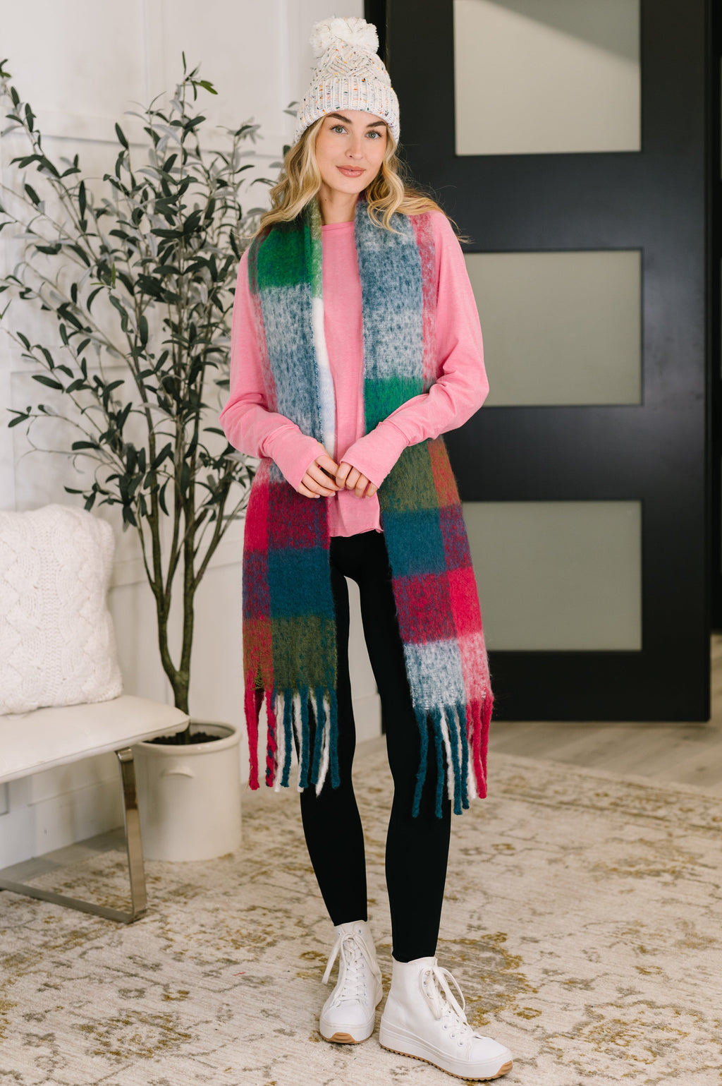 Wanderlust Wrap Oversized Plaid Fringe Scarf in Magenta and Teal