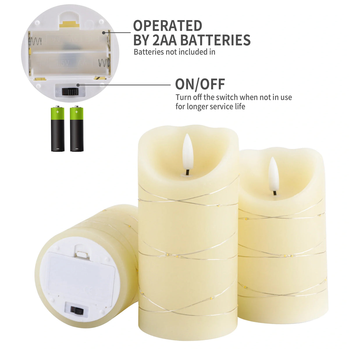 Set of 3 Flickering Flameless Real Wax Candles