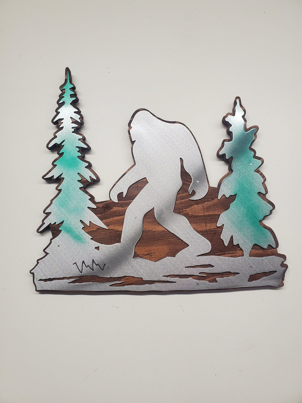 Bigfoot in trees metal art on wood Made in USA