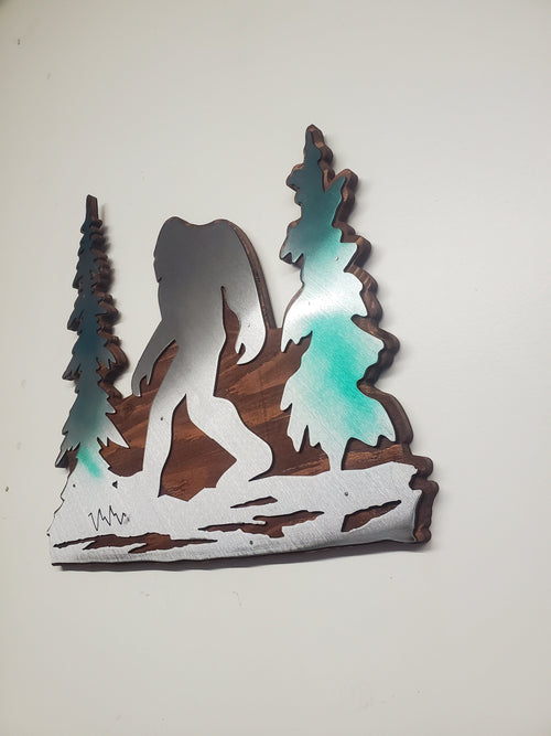 Bigfoot in trees metal art on wood Made in USA