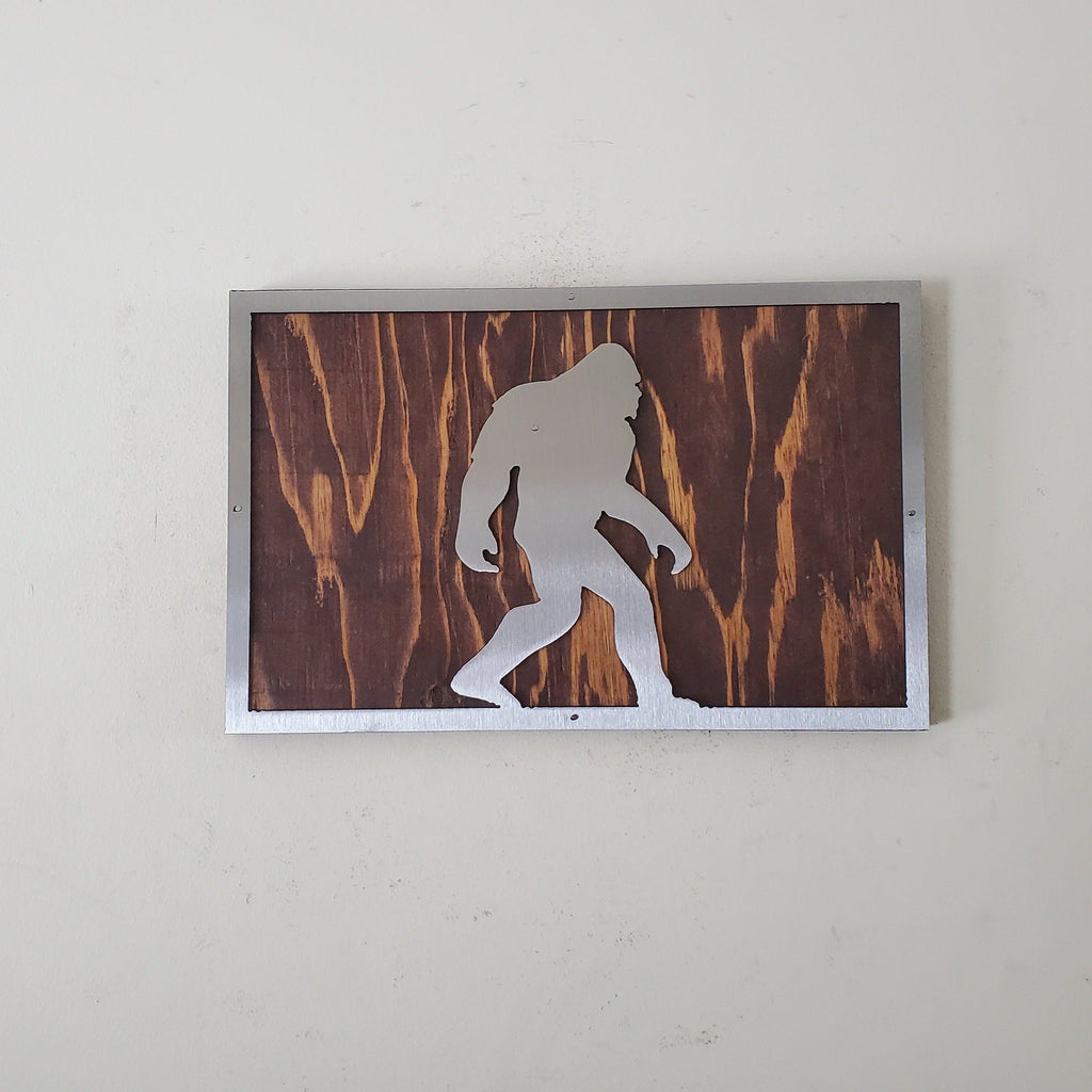 Bigfoot Walking Metal Art on Wood