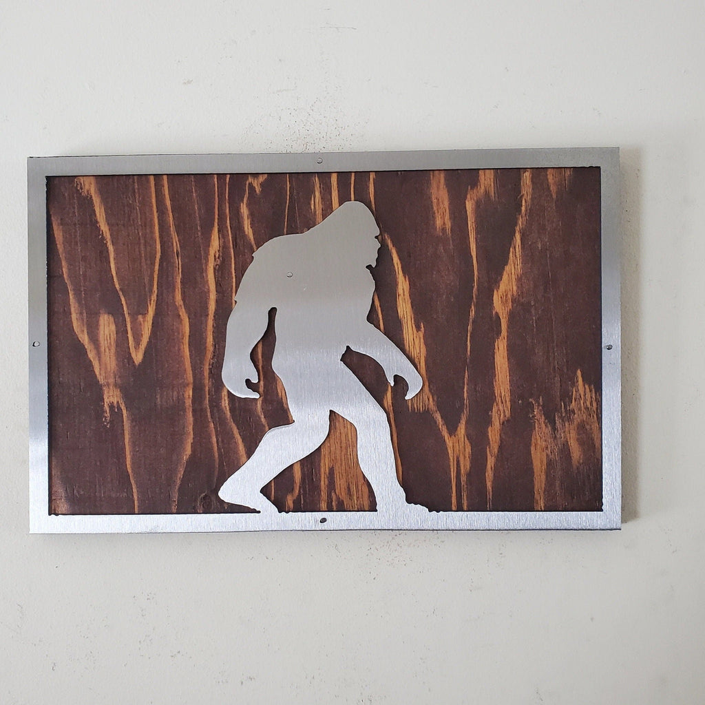 Bigfoot Walking Metal Art on Wood