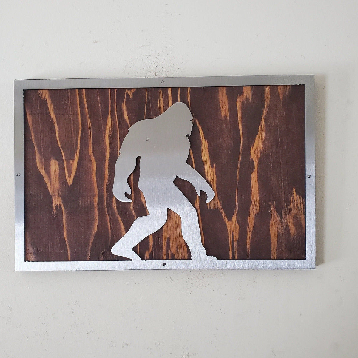 Bigfoot Walking Metal Art on Wood